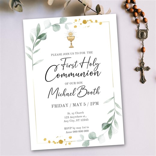 First Communion Baptism Invitation Editable Tempalte Printable Greenery Gold Neutral Boy Girl 1st Holy Communion Invitation Canva Template - Etsy
