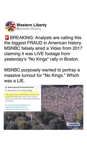 Freedom | Liberty | America on Instagram: "🚨BREAKING: Analysts are calling this the biggest FRAUD in American history. MSNBC falsely aired a Video from 2017 claiming it was LIVE footage from yesterday’s “No Kings” rally in Boston. MSNBC purposely wanted to portray a massive turnout for “No Kings.” Which was a LIE."