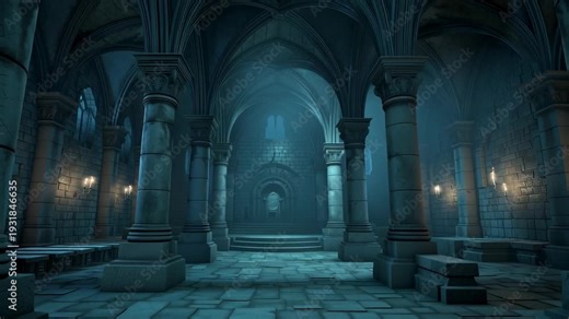 Dark gothic cathedral interior with stone columns and vaulted arches in misty blue light