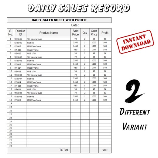 Daily Sales Sheet Template | Printable Profit Tracker (digital Download) - Etsy