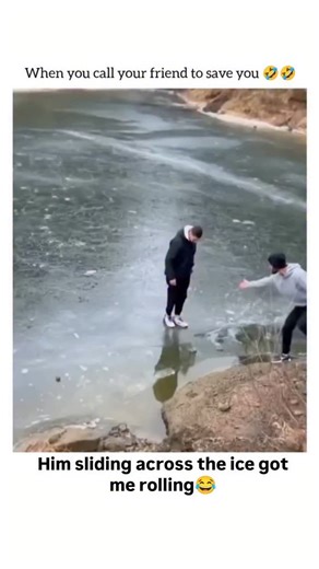 @usamemesbro on Instagram: "The video captures a hilarious moment of unexpected betrayal between two friends beside a frozen lake. One friend is standing on the edge of the slippery ice, seemingly in need of assistance to reach the safety of the shore. His companion, standing firmly on the bank, reaches out a hand as if to perform a heroic rescue. However, instead of pulling his friend to safety, the "rescuer" suddenly and deliberately uses the handshake to yell and aggressively pull the friend