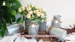 4 Sets Farmhouse Wedding Flower Centerpiece for Tables Decorations, Rustic Artificial Roses Bouquet with Metal Galvanized Vase Pot for Party Bridal Shower Party Event (White Vase & Champaign Roses)