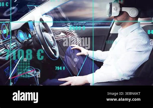 Man wearing VR or AR headset sitting in sedan, AR streaming data animating bar charts for driving. Cockpit, interior, augmented, hud, visualization, graphs, analytics Stock Video Footage - Alamy