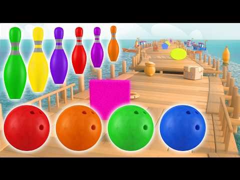 🌊🎳 Bowling Ball Smash Dock Race! Learn Animals, Shapes & Common Items with Kinetic Sand 🐶🔺📦✨