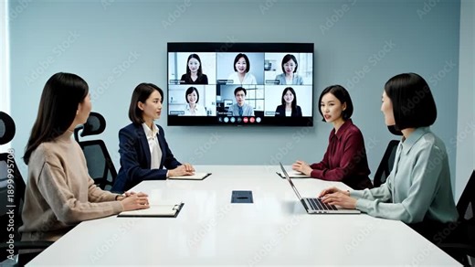 Remote business meeting with video conference on screen and people