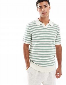 Threadbare cotton rich short sleeve knitted stripe polo top in ecru and green | ASOS