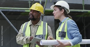 Construction team, building and tablet at site for maintenance, civil engineering or urban renovation. Man, woman or digital planning of architecture, industrial development or inspection of property