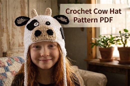 Crochet Cow Hat Pattern PDF, Easy Kids & Baby Hat Tutorial, Funny Animal Hat Crochet, Beginner Friendly Instant Download, Cute Animal Beanie