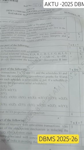 DBMS 2025-26 Questions paper aktu || BCS501 || Aktu || #dbms #aktu #btech