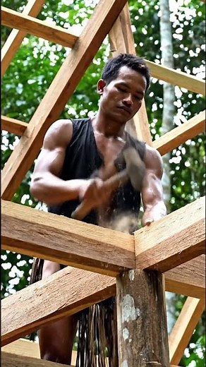 Building a Primitive House in the Deep Forest From Scratch #shorts