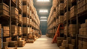 Capture of a vast storage facility bustling with numerous boxes, showcasing its ample capacity for item storage, Warehouse with rows of shelves and wooden boxes, AI Generated