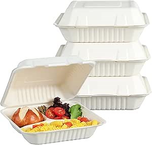 50 Pack Natural Bagasse Fiber Disposable Food Storage Container 100% Compostable Clamshell To-Go Containers Eco-Friendly Take-Out Containers Made of Sugarcane (3 Compartment, 9x9 Inch)
