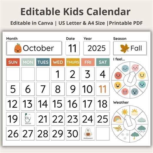 Perpetual Calendar Circle Time, Wall Calendar, Kids Calendar, Classroom Calendar, Busy Binder, Printable Calendar, Editable Kids Calendar - Etsy UK