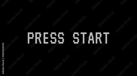 Press Start animation on transparent background, black retro game screen, start prompt, Classic video game intro, Vintage game UI, Animated start message, Press Start text video in 4k.