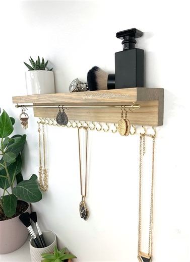 Wood Jewelry Organizer Shelf: Wall Mount Earring & Necklace Holder - Etsy