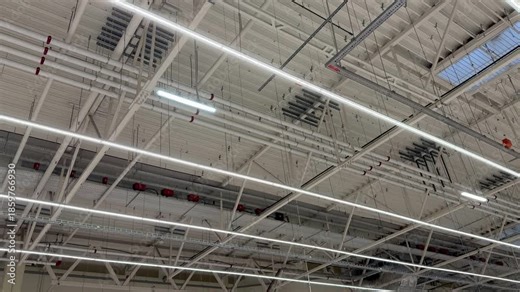Industrial Warehouse Ceiling With Skylight Panels Showcasing Grid Of LED Fixtures, Metal Rafters, Ventilation Ducts, And Maintenance Access Points Creating Bright Daylight Interior