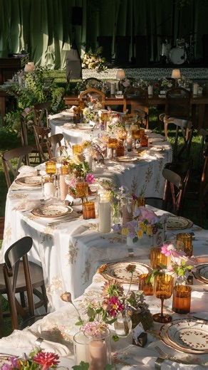 Megan Lentz | Vida Events on Instagram: "Vintage grandma chic meets garden party romance… and yes, we’re still utterly obsessed ✨ The outdoor tented reception at @glenstonegardens? Pure, spellbinding magic. Winding tables dressed with personalized floral plates, stained-glass tabletops, and dreamy table numbers. Honestly, whimsy doesn’t get better than this. From the very first moment, it was a modern fairytale as K+S basked in golden sunlight during portraits, tucked into lush greenery and over
