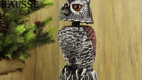 Hausse 2 Pack Fake Owl Decoy to Scare Birds Away, 11.2 inch Wagging Head Plastic Owl Scarecrow Bird Deterrents, Owls Statue Nature Enemy Horned Pest Repellent for Outdoor Garden Yard