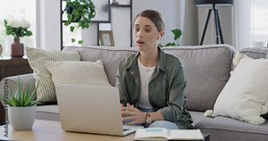 Woman, video call and discussion in home for meeting online, virtual or networking. Female person, laptop and notebook to remote work team as advertising manager for, planning, presentation or chat