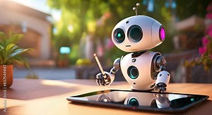 Cute little robot writes chat bot answers on smartphone