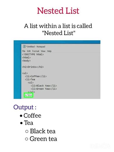 Nested List in HTML #nestedlistinhtml #nestedlist #listinhtml #html #html5 #htmlprogramming