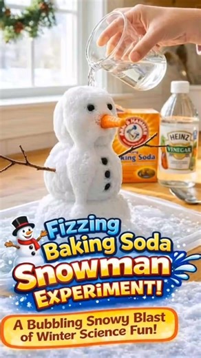☃️ Fizzing Baking Soda Snowman – Winter Science Magic! ❄️✨ 🎨 What You’ll Need: Baking soda Water White vinegar Black peppercorns or small beads (eyes & buttons) Small carrot or orange clay (nose) Twigs (arms) Tray or shallow container Small cup or measuring cup 🪄 How to Make It: 1️⃣ Mix baking soda with a little water until it feels like wet snow ❄️ 2️⃣ Shape three balls and stack them to make a snowman ☃️ 3️⃣ Gently press in the eyes, buttons, carrot nose, and twig arms 🌿 4️⃣ Place your snow