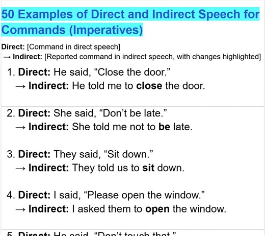 50 MORE Examples of Direct and Indirect Speech for Commands (Imperatives) | Empowering English Learning