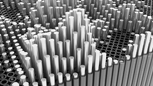 Up and down wave like motion of straight long 3D stripes moving through round holes. Design. Technological abstract pattern.