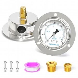 MEANLIN MEASURE 0~10Psi Liquid Filled Pressure Gauge Front Flange Panel Mount, 1/4" NPT 2.5" FACE DIAL Stainless Steel Case with Phillips Screw, Nut and Brass Hex Bushing, +/-3-2-3%
