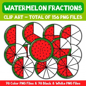 WATERMELON FRACTION CLIP ART | FULL COLOR & BLACK & WHITE | 1 WHOLE TO 1/12