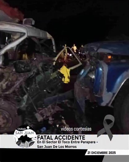 Ciudad San Juan on Instagram: "FATAL ACCIDENTE EN EL SECTOR EL TOCO ENTRE PARAPARA - SAN JUAN DE LOS MORROS Alrededor de las 10:00 p.m. de este sábado 20 de diciembre, se registró un grave siniestro en el sector El Toco (a 26 kilómetros de San Juan de los Morros). Un camión de carga pesada (gandola) colisionó contra un vehículo NPR (jaula ganadera) que transportaba a aproximadamente 60 empleados de una granja avícola del sector. Al momento del accidente, se reportaban de manera extraoficial (LÉA