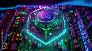 Stylized Protection Shield: Digital artwork featuring a detailed neon-lit shield on a circuit board, with vibrant purples, blues, and greens. The intricate design highlights security and tech.