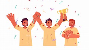 Team winning sports cartoon animation. Esports champions confetti 4K video motion graphic. Team members celebrating victory with trophy cup 2D color animated characters isolated on white background