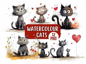 Cute Watercolour Cat Clipart Bundle 12 PNG, Valentines PNG Clipart, Commercial Use, Mothers Day PNG, Digital Paper, Card Making Designs - Etsy
