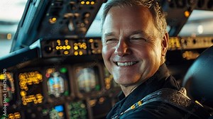 Pilot smiles in the cockpit of a commercial aircraft during pre-flight preparations at an airport Stock Video