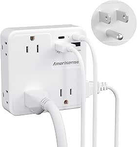 Multi Plug Outlet Extender with USB, Amerisense Wall Charger with 6 AC Outlets & 4 USB Ports (2 Type-C & 2 Type A Ports), 3-Sided Power Strip Multiple Outlets for Home, Kitchen, Office, Cruise Ship
