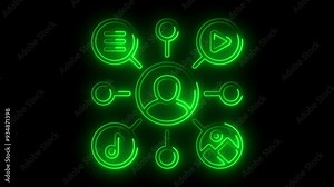Glowing Digital Content Network, Neon Multimedia Distribution, Connected User Profile Icon, Social Media Content Management, Digital Media Hub Stock Video