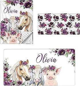 Terwex Personalized Baby Bedding Set - 3 Pcs Custom Toddler Bedding Sets with Name, Double Layer Crib Bedding Set for Girls, Floral Animals Nursery Bedding Set, Customized Gifts for Newborns Infants