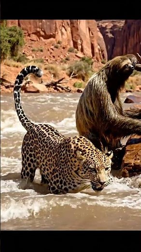 Leopard vs Three-Toed Sloth on the a vast, red-rock desert valley