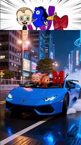 My Sprunki OC: M, Dory & Baby Boss – Drifting through the neon city in a blue Lambo! 🔥🚗💙✨”