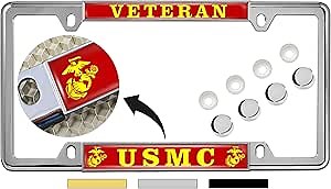 [Officially Licensed US Marine Corps Product] - Veteran USMC with EGA Emblem - Domed Custom-Made Personalized Thin Top 4-Hole Metal Car License Plate Frame with Free caps - Chrome Frame (Qty: 1)