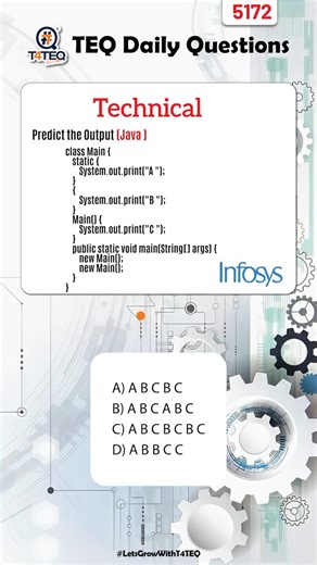Code with T4TEQ Software on Instagram: "Java execution order can fool even experienced developers 😵‍💫 Static block ➝ instance block ➝ constructor ➝ repeated objects 🔥 Can you predict the exact output? Comment your answer & follow T4TEQ Daily Questions for daily Java interview prep 🚀 #JavaInterview #JavaTrickyQuestions #DailyCoding #LearnWithT4TEQ #TechPrep"