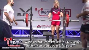 Jennifer Thompson breaks her World Record Bench again, 142.5kg (314lbs). #usapl #usapowerlifting #bench #benchpress #over40 #over40andstrong #raw #whyicompete #worldrecord #goldmedal @girlswhopowerlift repost via @instarepost20 from @theipf World Record Bench Press with 142.5 kg by Jennifer Thompson @jenthompson132 USA in 63 kg class @aplyft @eleikosport @sbdapparel @theworldgames @olympicchannel #squat #bench #deadlift #total #worlds #open #record #worldrecord #powerlifting #calgary #canada #wo