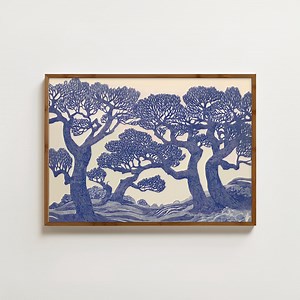 Vintage Oak Tree Print Linocut Forest Wall Art Blue Woodland Landscape Painting Botanical Decor Moody Tree Poster Large Nature Art Prints - Etsy