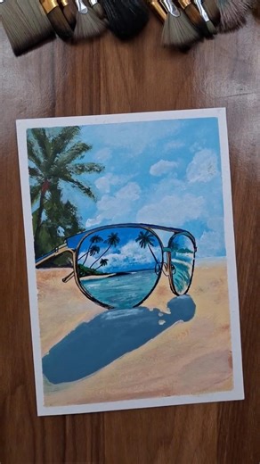 Reflection Painting Tutorial 🎨 | Beach in Sunglasses | Easy Acrylic Art #shorts #acrylicpainting