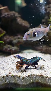 The little puffer fish want to mess with this colorful shrimp , But it's knew how powerful the shrimp is 🦐🐡 . #wildlife #WildlifePhotography #wildanimals #animals #animallover #animalphotography #aquarium #aquariumlife #marine #marinelife #saltwateraquarium #saltwatertank #fishtank #viralvideo #viralanimals #fishtank | Chhim SeakLim