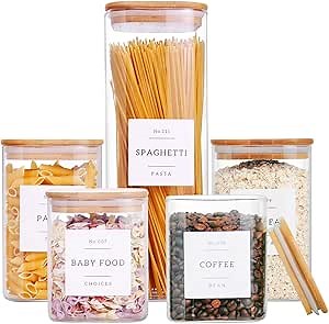 5 Pack Square Glass Pantry Storage Containers with 132 Kitchen Food Pantry Labels - Clear Glass Jars with Airtight Wood Bamboo Lids - Glass Canisters for Cookies, Nuts, Cereal