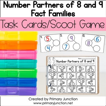 Number Partners of 8 and 9 Fact Families Addition Number Bonds Task Scoot Cards