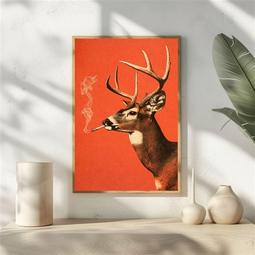 Funny Deer Smoking Poster, Vintage Buck Wall Art, Man Cave Decor, Cabin Lodge Art, Quirky Animal Print, Smoking Animal Illustration - Etsy