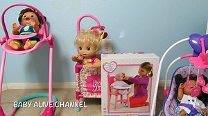 BABY ALIVE High Chair by You & Me + Real Surprises Doll Sophia + Snackin Sara + Better Now Baby
